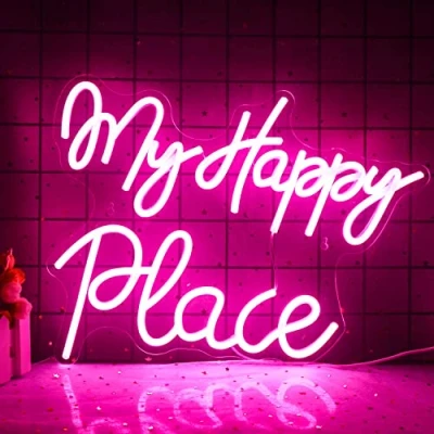 Afbeelding van Neonverlichting, bord, &#039;My Happy Place&#039;, roze letters, muurdecoratie, USB aansluiting, voor slaapkamer, gamekamer, bar, studentenkamer, feestje