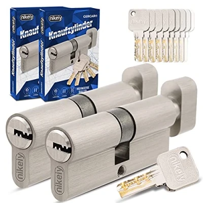 Afbeelding van GERCAR Pro gelijksluitend 2 knopcilinders 35/35 set 2x slotcilinder met knop incl. 10 sleutels 70 mm deurslot cilinderslot cilinders lengte: 70mm, A:35 B:35 messing mat massief