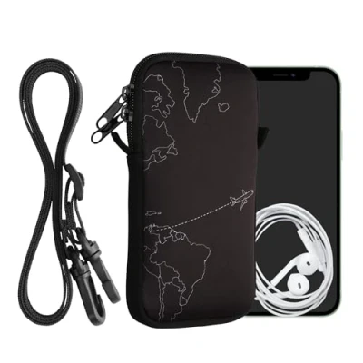 Afbeelding van kwmobile Tasje voor smartphones XL 6,7/6,8&quot; Hoesje van neopreen in wit / zwart Phone case met nekkoord Travel Vliegtuig design