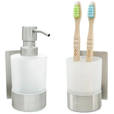 Afbeelding van Dolvhin® Zeepdispenser en Tandenborstelset matglazen Handzeepdispenser &amp; Tandenborstel houder set roestvrijstalen mok zonder boren Zelfklevende Pompdispenser Geborsteld zilver