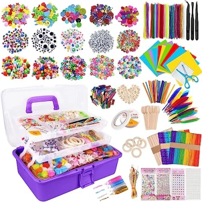 Afbeelding van JOTOL Knutselset voor kinderen,3100+stuks,Doe Het Zelf Knutselkoffer,Craft Kit kinderen inclusief pijpenrager,Wiggle ogen,sticks,veren,pompons,kralen,scrapbooking,DIY Art Craft Set