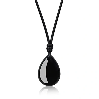 Afbeelding van COAI leren ketting druppel hanger, Obsidiaan, Obsidiaan