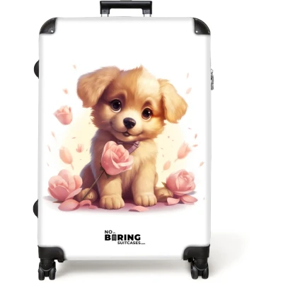 Afbeelding van NoBoringSuitcases.com® Koffer groot Reiskoffer lichtgewicht Hond Bloemen Roze Meisjes Kind Rolkoffer met 4 wielen Grote trolley XL 98 liter bagage