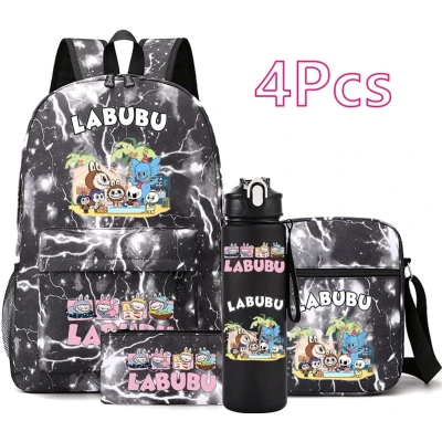 Afbeelding van Schooltas 4 delige Rugzak Set met Waterfles, Lunchtas &amp; Etui Canvas Schoolrugzak voor Tieners 32x15x45cm Zwart