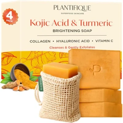 Afbeelding van PLANTIFIQUE Kojic Acid zeep tegen Hyperpigmentatie 320g Kurkuma 4 stuks met hyaluronzuur, collageen en vitamine C, vegan huidverzorging voor gezicht lichaam, helpt bij donkere vlekken.