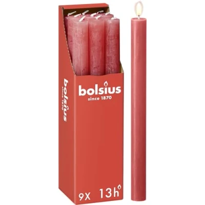Afbeelding van Bolsius Rustieke staafkaarsen roze 9 stuks 27 x 2,3 cm lengte brandduur 13 uur ongeparfumeerd bevat natuurlijke plantaardige was zonder palmolie