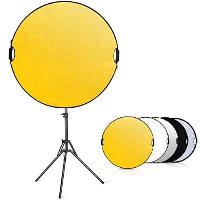 Afbeelding van Selens 5 in 1 reflector 110 cm met lichtstatief clip houder kit voor fotostudio, portret fotografie, ronde diffuser goud/zilver/wit/zwart/transparant