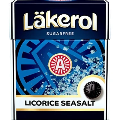 Afbeelding van Läkerol Licorice Seasalt Lakerol drop zeezout originele Zweedse zoethoutwortel suikervrije stevia pastilles doos 25 g x 4 stuks
