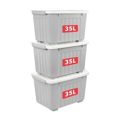 Afbeelding van Cetomo 35L x 3 opbergdozen met wielen, plastic opbergdoos deksel, vergrendelende gespen, kliksluiting, stapelbaar, nesten, duurzame organizer voor thuiskantoorkleding, grijs, Pack
