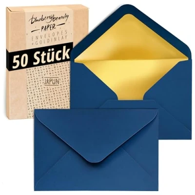 Afbeelding van Japun Enveloppen (50 stuks), envelop zonder venster DIN C6 162 x 114 mm binnenkant: goud papierkleur: blauw