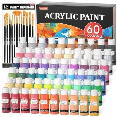 Afbeelding van Shuttle Art Set van 72 acrylverf, 60 kleuren acrylverf (60 ml, ml) met extra wit zwart en 12 borstels, rijk gepigmenteerd, waterbestendig, ideaal voor kunstenaars, beginners op canvas, steenhout