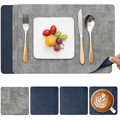 Afbeelding van Myir JUN Lederen Placemat en Onderzetters, Tafelmatten Waterdichte Afveegbare Dubbelzijdige Plaats Matten Koffiematten Antislip Wasbare Placemats Coaster (Grijs Blauw, Sets 4)