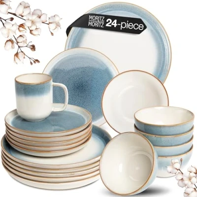 Afbeelding van Moritz &amp; Tarento 24 delige serviesset voor 6 personen, blauw, elegante bordenset van hoogwaardig aardewerk, x dinerborden, dessertborden, soepborden en kopjes