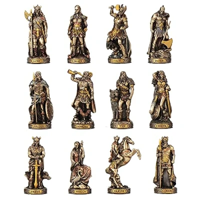 Afbeelding van Veronese Design Bronzen afgewerkte 12 delige Noorse goden en godinnen miniatuur standbeeld set