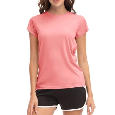 Afbeelding van MEETWEE Surf shirt voor dames, Rash Guard UV shirts, zwemmen, tankini, UPF 50+, korte mouwen, badshirt, badmode shirt, roze rood, M
