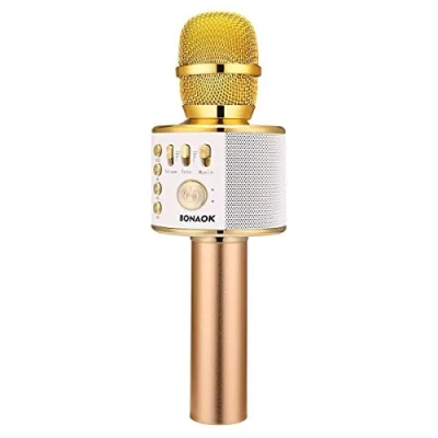 Afbeelding van BONAOK Drahtloses Bluetooth Karaoke Mikrofon, Tragbares 3 in 1 Handmikrofon Geburtstagsgeschenk Home Party Auto Mikrophon für iPhone/Android/iPad/PC/Smartphone (Hellgold)