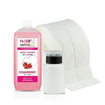Afbeelding van N&amp;BF Nagelreinigingsset met geur 500 ml + dispenser pompflesje zwart 150 1000 cellulose pads (2 rollen à stuks) 70% isopropanol alcohol voor gelnagels nagelreiniger (aardbei)