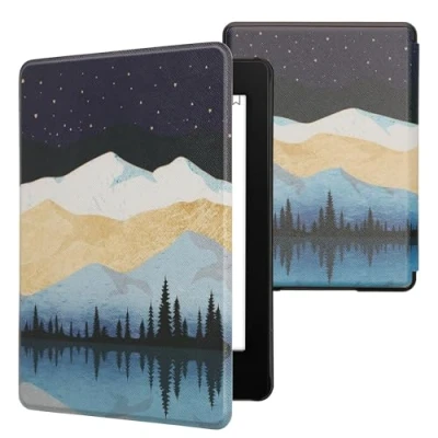Afbeelding van kwmobile E reader hoesje geschikt voor Amazon Kindle Paperwhite 11. Generation 2021 hoes flip case met magnetische sluiting Ereader cover Sterrenhemel aan meer design in wit / lichtbruin donkerblauw