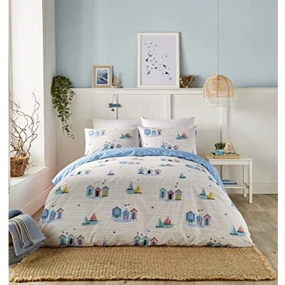 Afbeelding van Fusion Nautisch blauw dekbedovertrek tweepersoons beddengoed (200 x 200 cm) omkeerbaar (2 ontwerpen) aan zee/zeilboten wit met kustthema strandhutten bedset