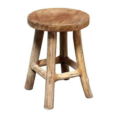 Afbeelding van Spetebo Teakhouten bloemenkruk 26 x 20 cm rond, naturel/groot, houten plantenkruk met 4 poten, echt hout, decoratief, massief bloemen en plantenstandaard