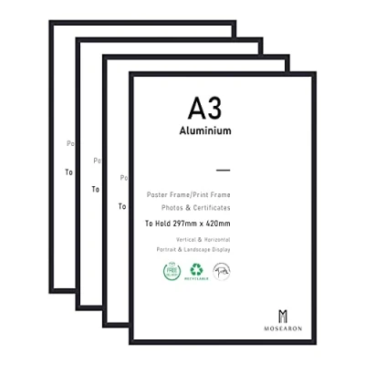 Afbeelding van Certificaat fotolijst, zwarte aluminium A3 posterlijst met plexi glass voor muurbevestiging, set van 4 stuks, 29,7 x 42 cm