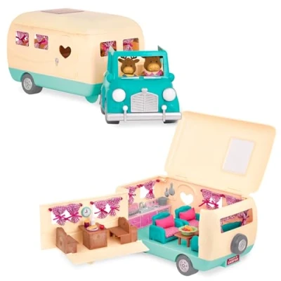 Afbeelding van Li&#039;l Woodzeez 6486Z Blue Happy Camper 40 stuks speelgoedset auto, caravan, meubels en accessoires miniatuurvoertuigen speelsets voor kinderen vanaf 3 jaar