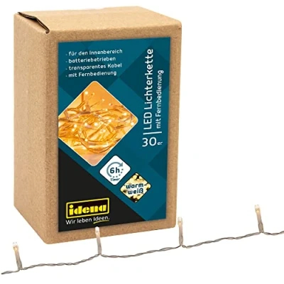 Afbeelding van Idena 31602 LED lichtketting met 30 leds in warmwit, 6 uur timerfunctie en afstandsbediening, werkt op batterijen, ca. 1,75 m lang, voor binnen, feestjes, Kerstmis, decoratie, bruiloft