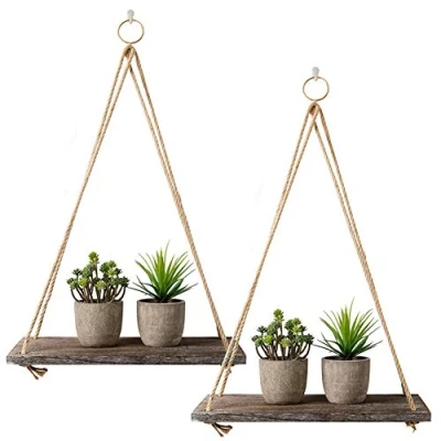 Afbeelding van Rustieke houten planken om op te hangen, met touw en haken, 2 stuks