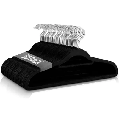 Afbeelding van Ediesi, Fluwelen kleerhangers, 50 stuks, zwart, met stropdas, antislip, zacht, dun, voor broek, overhemd, rok, pak (50 zwart korbato)