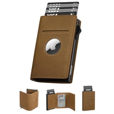 Afbeelding van YESIIW Airtag Wallet, kaartenetui voor heren, met muntenvak en RFID bescherming, portemonnee smart wallet 10+ kaarten, klein AirTag* vak, bruin, slanke portefeuilles