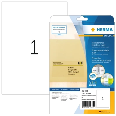 Afbeelding van Etiket HERMA 4375 210x297mm A4 transparant 25stuks