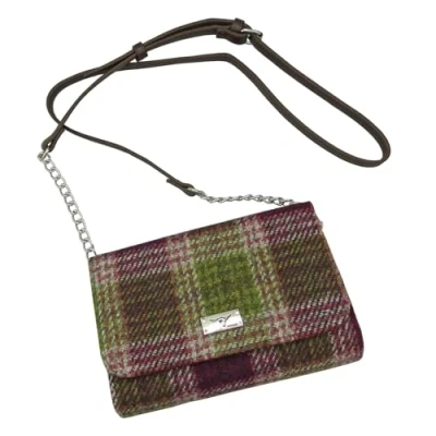 Afbeelding van Schoudertas Strathy Heide Paars met Groen Portemonnee Harris Tweed Glen Appin of Scotland