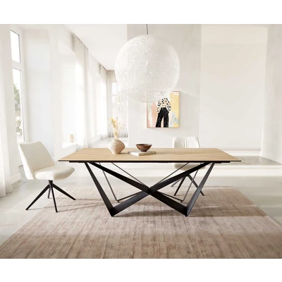 Afbeelding van Eetkamertafel Edge keramiek Laminam® Sabbia eiken kleur 200x100 spider vlak staal zwart