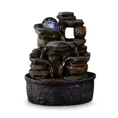 Afbeelding van Waterval Indoor Fontein Natuur Steeneffect Rock Kleurrijk Licht, Cadeau Idee, Woondecoratie in Beweging Ontspannende Zen Tafelfontein, Feng Shui Happy, 26,3 x 22,8 22,9 cm Satya Zen&#039;Light