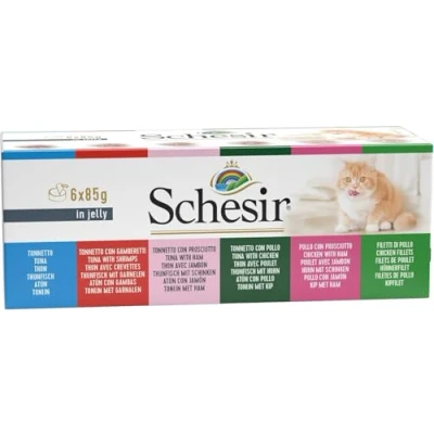 Afbeelding van Schesir Kat Multipack Blik Kattenvoer Tonijn Witvis Rund 6x85 g