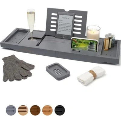 Afbeelding van Temple Spring Badcaddy met kaars, wijnglas, boek, tablet, ipad &amp; telefoon houder. Uitbreidbaar/verstelbare brug, Naturel hout over bad lay.100% bamboe (Grijs)