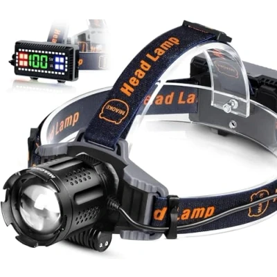 Afbeelding van MIAOKE Hoofdlamp, led koplamp, oplaadbaar, 100.000 lumen, superhelder, IPX5, waterdicht, 4 modi met bedrijfsindicator en waarschuwingslicht voor hardlopen, outdoor, camping