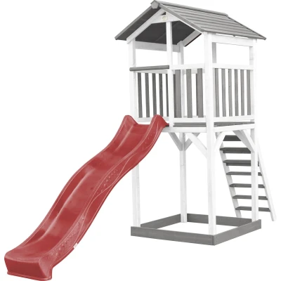 Afbeelding van AXI Beach Tower Speeltoestel van hout in Grijs en Wit Speeltoren met zandbak, rode glijbaan