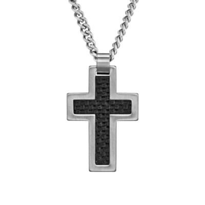 Afbeelding van Traveller Kruis Ketting Heren Carbon &amp; Edelstaal Zwart Zilverkleurig Made in Germany Duurzaam 50cm 171016