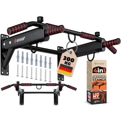 Afbeelding van KESSER® 4 in 1 optrekstang voor wandmontage, antislip handgrepen, extra functie touwringen en bokszakken met verschillende greepposities, veilig stabiel, pull up bar thuis, groen