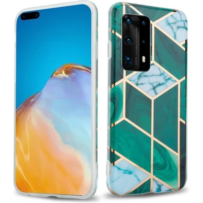Afbeelding van Cadorabo Hoesje geschikt voor Huawei P40 in Donkergroen Wit Goud Marmer No. 6 Beschermhoes gemaakt van TPU siliconen Case Cover met mozaïek motief