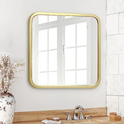 Afbeelding van Americanflat spiegel met ronde hoeken, vierkant, goud, 61 cm, wandspiegel voor slaapkamer, badkamer en woonkamer, grote muur ophangmateriaal