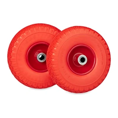 Afbeelding van Relaxdays steekwagenwiel set van 2 bolderkarwiel 3.00 4 anti lek skelterwiel massief rood