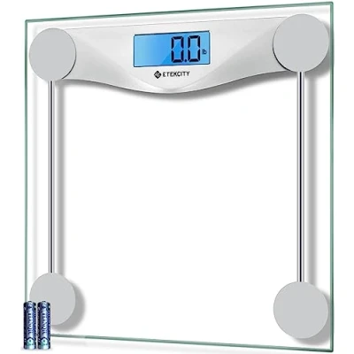 Afbeelding van Etekcity Weegschalen voor lichaamsgewicht, badkamerweegschaal met helder LCD scherm Hoge precisie meettechnologie (0,1 kg/max 180 kg), 6 mm ultra slank ontwerp gehard glas, batterij inbegrepen meetlint