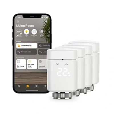 Afbeelding van Eve Thermo, 4 stuks Slimme radiatorthermostaat met LED display, automatische temperatuurregeling, geïntegreerde aanraakbedieningen, Bluetooth en HomeKit technologie; geen bridge vereist; gemaakt in Duitsland
