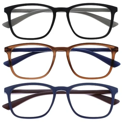 Afbeelding van OPULIZE Max Leesbrillen 3 Pack Klassiek Groot Rechthoekig Montuur Mat Zwart, Bruin, Blauw Uniseks Heren &amp; Dames Veerscharnieren RRR78 123 +3.00