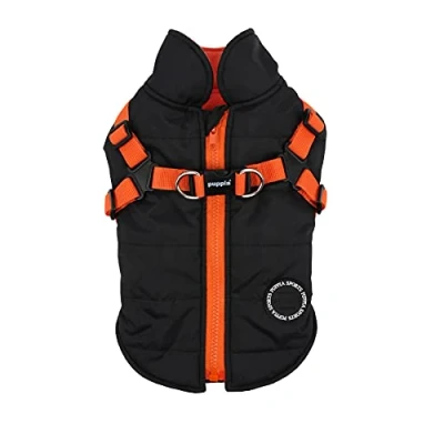 Afbeelding van Puppia hondenjas voor kleine honden en middelgrote honden, waterdicht fleece gevoerd aangename warmte, met harnas, zwart/oranje, S