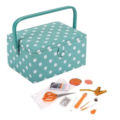 Afbeelding van Hobby Gift Exclusieve voorgevulde knutseldoos met 94 delige naaiset inbegrepen, 18,5 x 25,5 14,5 cm, eendenei blauwe stip