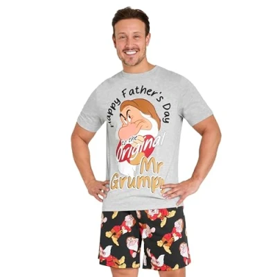 Afbeelding van Disney Korte pyjamaset voor heren, zachte ademende loungewear cadeaus vaders, Grijs/Zwart, XL