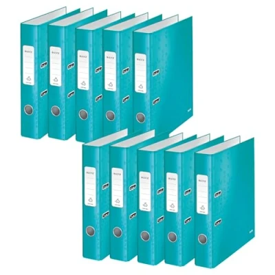 Afbeelding van Leitz Kwaliteitsordner 180, pak van 10, A4, smal, 5,2 cm rugbreedte, gelamineerd grijs karton, ijsblauw, WOW serie, 10060051